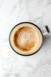 Top-down view of a blender on a clean kitchen countertop with a white marble cooktop background. Into the blender, Jameson Irish whiskey, half & half, sweetened condensed milk, chocolate syrup, vanilla extract, and instant coffee are being added, ready to be blended.