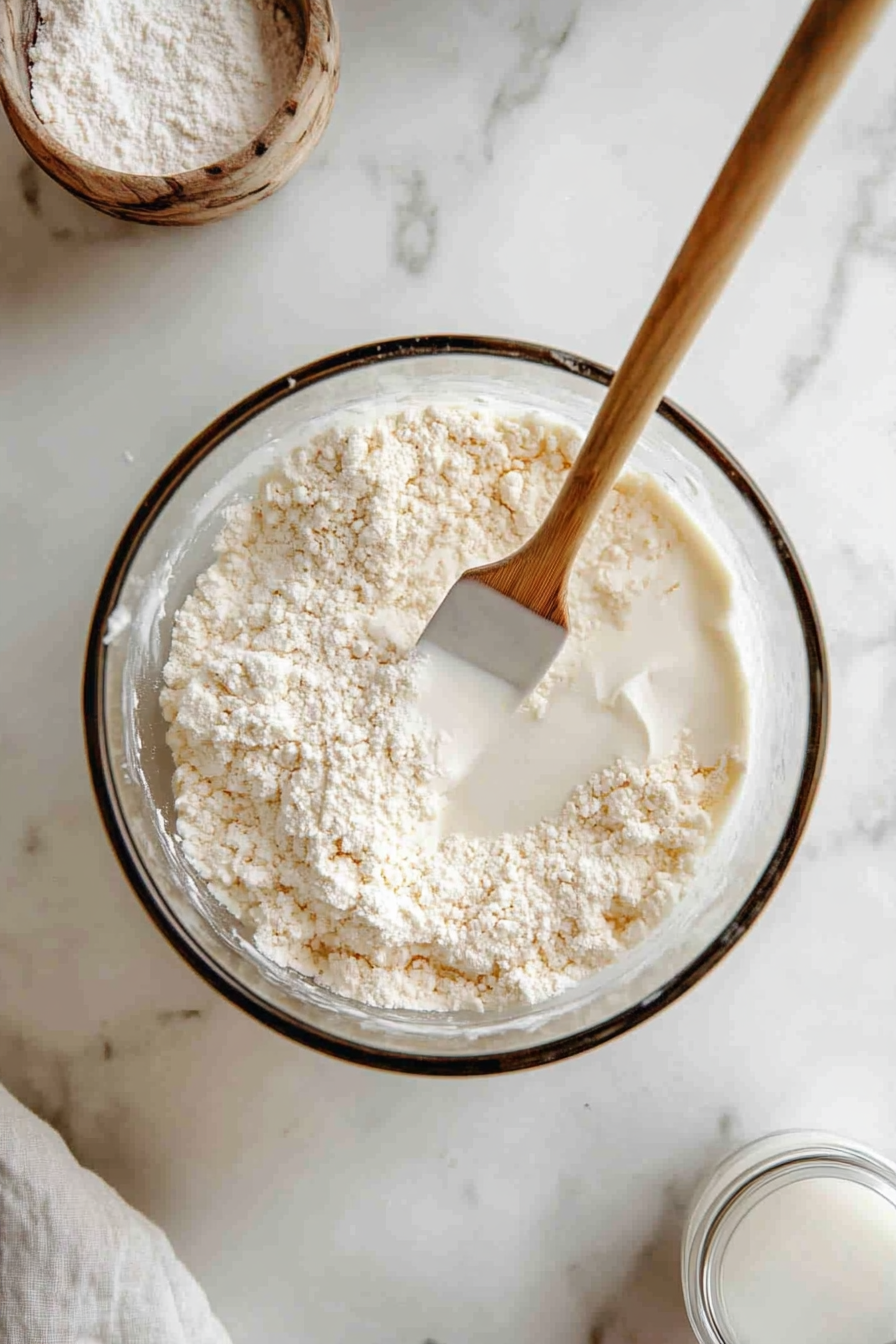 A top-down view of the mixing bowl on the white marble cooktop. Milk is being poured into the dry ingredients, including flour, sugar, cornmeal, baking powder, and salt. A spatula is gently stirring the mixture, forming a thick, smooth batter. The focus is on the milk being incorporated into the dry ingredients.