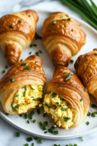 This image shows the baked croissants being opened and filled with a generous portion of scrambled eggs, ready to serve.