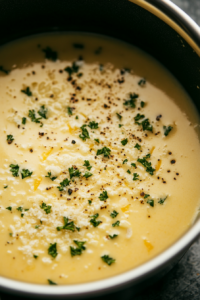 Top-down view of a saucepan with ¾ cup of chicken broth and ¾ cup of milk being poured into a flour mixture while whisking to prevent lumps. The sauce is smooth and starting to thicken over medium heat.