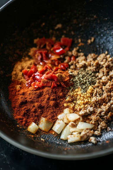 A top-down view of the skillet as tomato paste, apple cider vinegar, cumin, chili powder, paprika, oregano, crushed red pepper flakes, salt, and arrowroot starch are stirred into the browned turkey. The scene focuses on the vibrant blend of spices cooking until fragrant, infusing the turkey mixture with rich flavors.