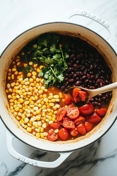 Top-down view of fire-roasted diced tomatoes (with liquid), corn, and black beans being stirred into the pot of browned beef and veggies, with all the ingredients evenly mixed.