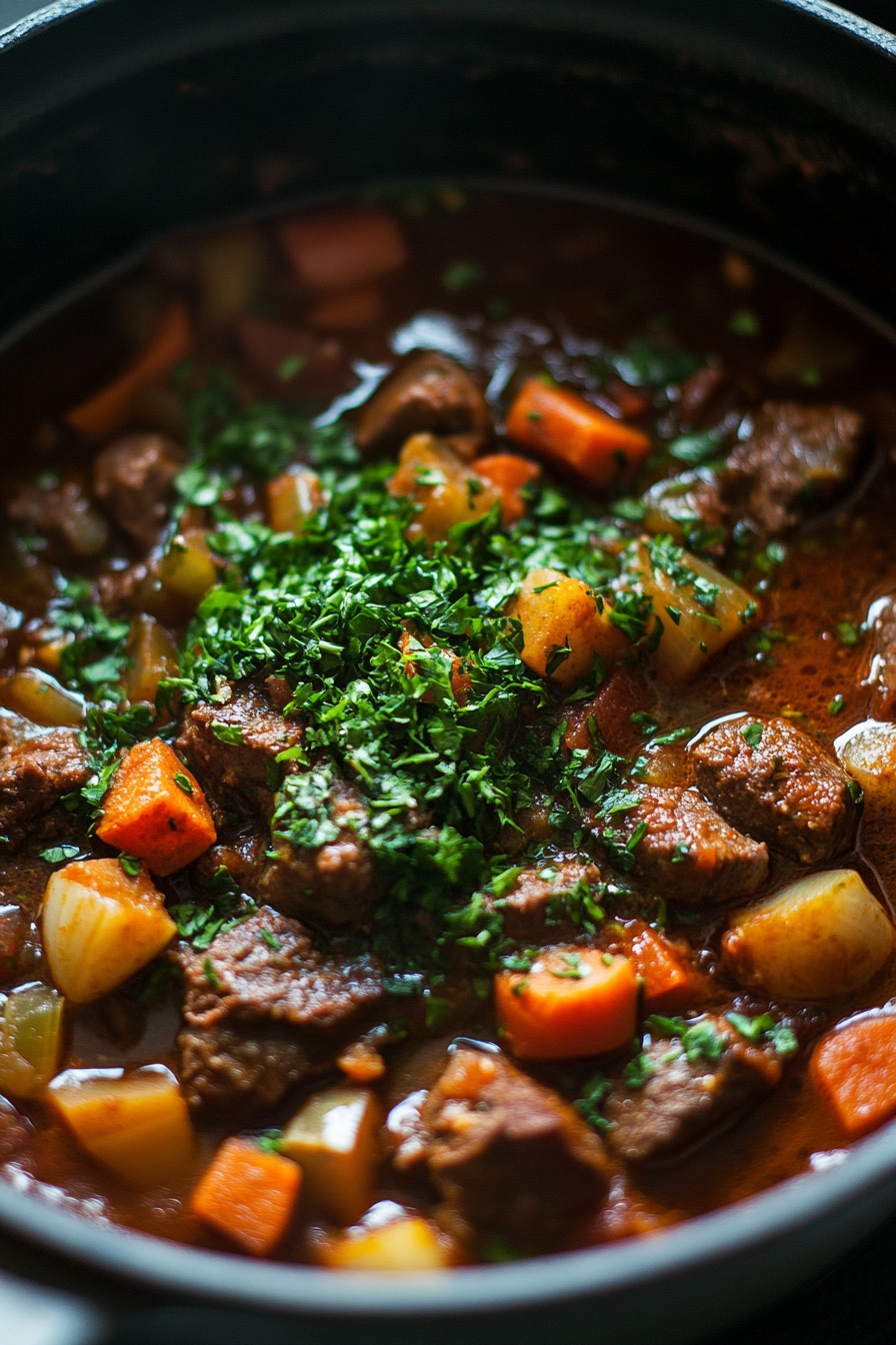 Top-down view of the Dutch oven with chopped fresh cherry tomatoes added to the stew. Sea salt is sprinkled to taste, and bay leaves and thyme sprigs are removed. The scene highlights the tomatoes and final seasoning adjustments.