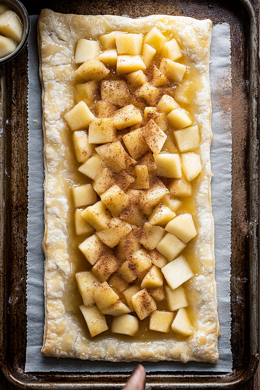 Top-down view of puff pastry on a baking sheet with 8 ounces of apple pie filling spooned down the center. Ground cinnamon is sprinkled over the filling, ready for folding.