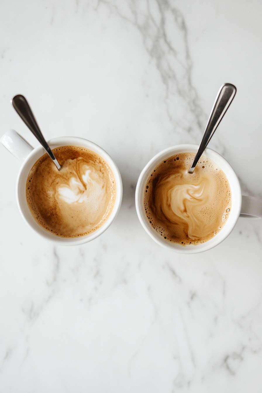 Top-down view of the two mugs of coffee on the white marble cooktop. Irish cream liqueur, hazelnut liqueur, and Irish whiskey are being poured into each mug and stirred with a spoon, highlighting the smooth blending of the liqueurs with the coffee.