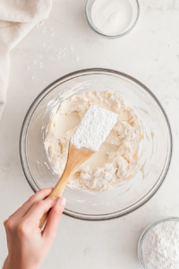 Top-down view of the mixing bowl as the frosting consistency is being adjusted by adding milk for a thinner glaze or more powdered sugar for a thicker frosting. A spatula is folding the ingredients to achieve the desired texture.