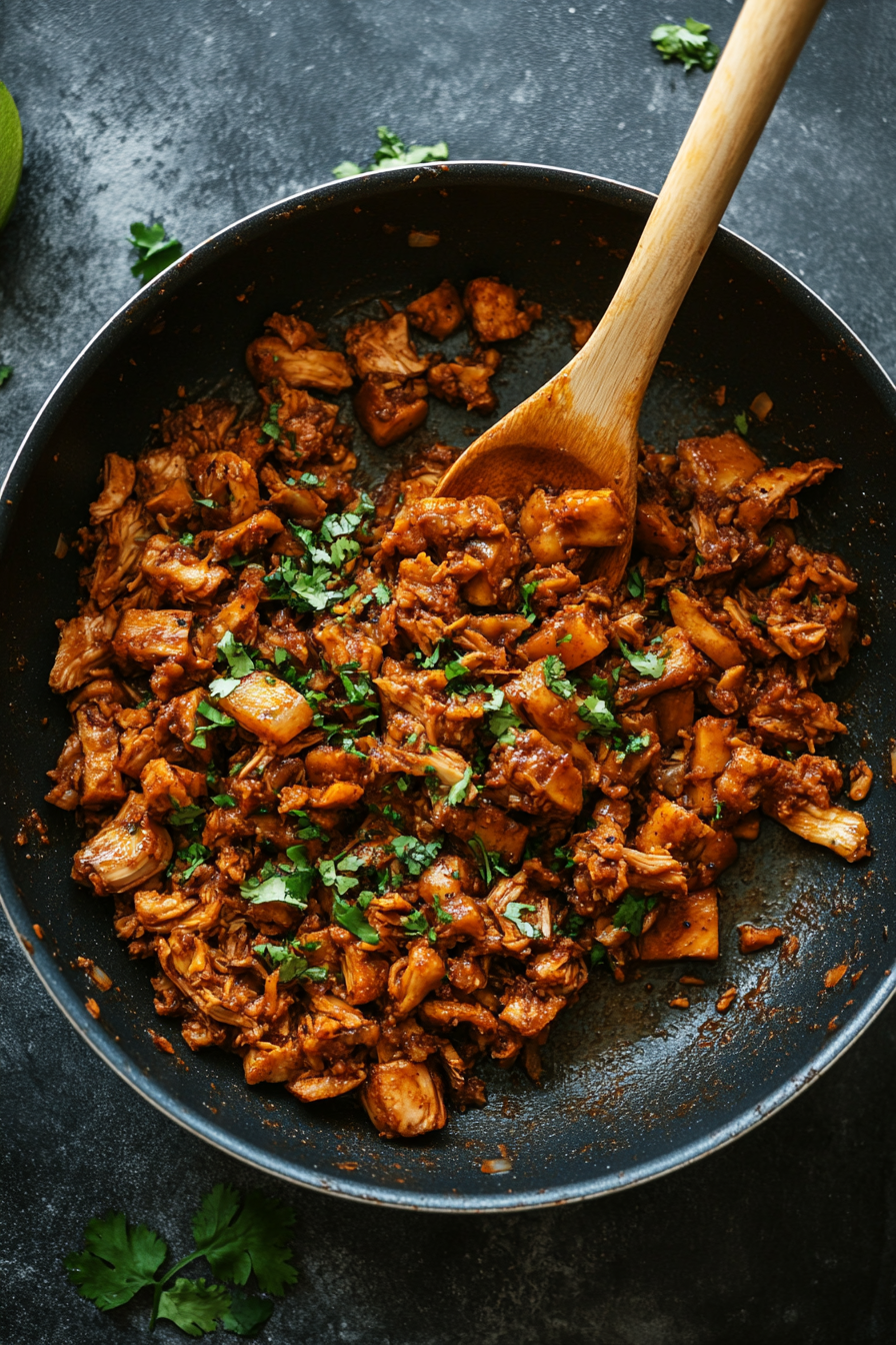 Top-down view of a pan as vegetable broth is added to the seasoned jackfruit mixture, simmering on low heat and thickening while the jackfruit becomes tender.