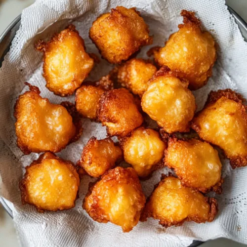 A top-down view of the golden, crispy fried batter pieces being removed from the skillet and drained on paper towels placed on a plate. The fried pieces are crispy and golden, resting on the paper towels to drain excess oil, ready to be served warm.