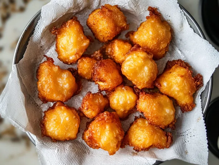 A top-down view of the golden, crispy fried batter pieces being removed from the skillet and drained on paper towels placed on a plate. The fried pieces are crispy and golden, resting on the paper towels to drain excess oil, ready to be served warm.