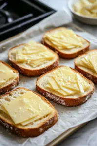 This image shows half of the bread slices placed buttered side down on a parchment-lined baking sheet, each topped with a slice of cheese, with the remaining slices placed buttered side up on top.