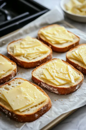 This image shows half of the bread slices placed buttered side down on a parchment-lined baking sheet, each topped with a slice of cheese, with the remaining slices placed buttered side up on top.