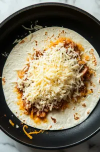 This image shows a tortilla in a heated skillet being topped with shredded cheese and a spoonful of al pastor pork, with another layer of cheese before adding the second tortilla.