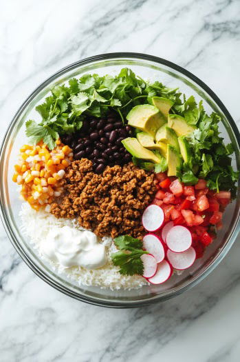 A top-down view of a burrito bowl being assembled on the white marble cooktop. The base of cilantro lime coconut rice is topped with seasoned ground turkey, black beans, shredded romaine lettuce, avocado slices, pico de gallo, sour cream, sliced radishes, and fresh cilantro. The scene highlights the colorful, fresh ingredients coming together in the bowl.