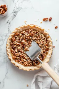 Top-down view of a 9-inch unbaked pie shell being filled with the pecan mixture. A spatula spreads the filling evenly in preparation for baking.