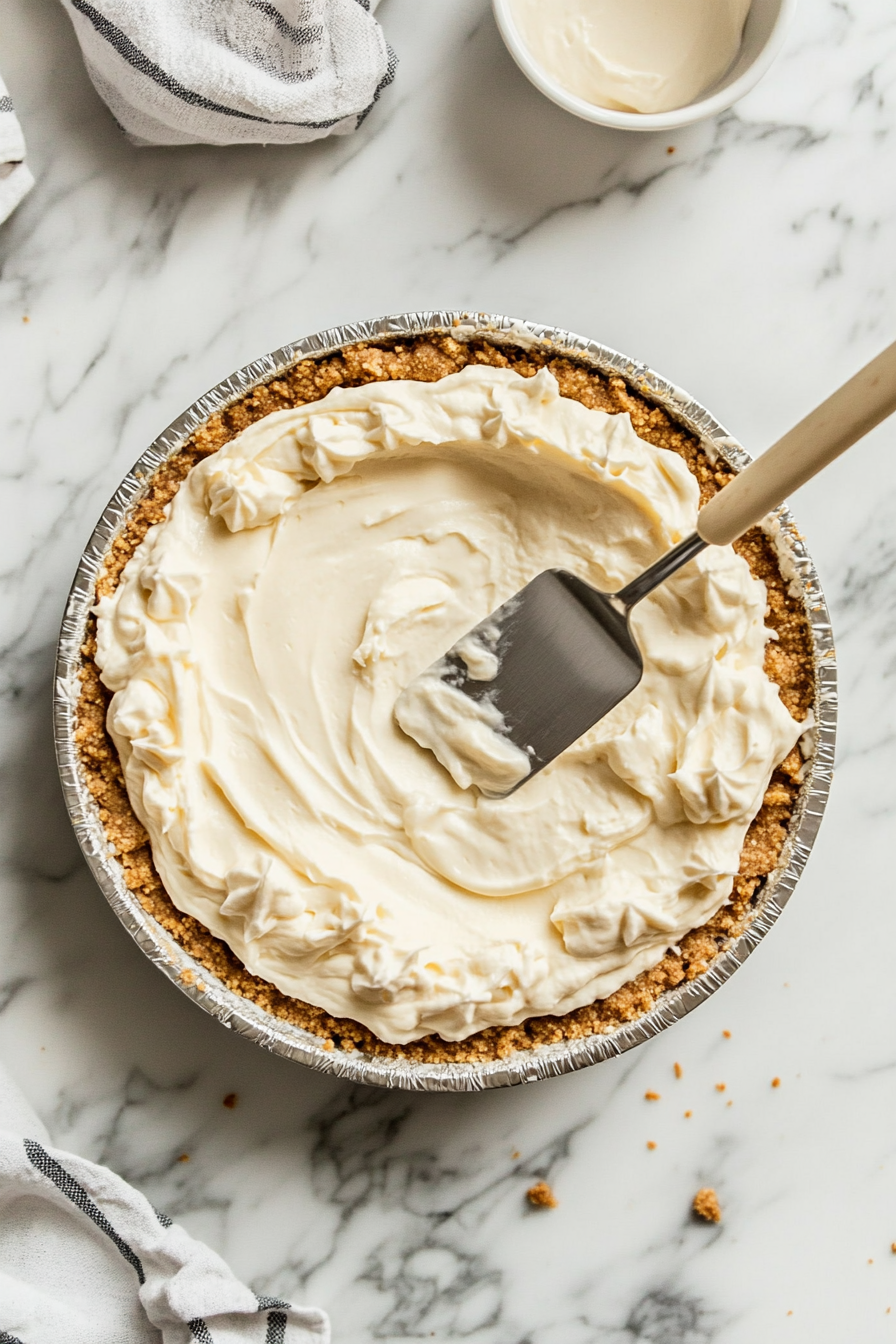 A top-down view of the prepared graham cracker crust on the white marble cooktop. The cream cheese filling is being spooned into the crust, filling it completely. An offset spatula is smoothing the top, creating an even, level surface. The scene highlights the rich, creamy filling nestled in the graham cracker crust.