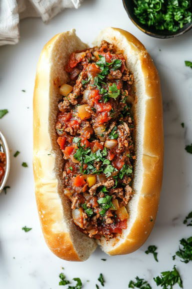 Top-down view of the chopped sandwich mixture being spooned onto a hoagie roll. The scene focuses on the hoagie roll stuffed with the flavorful, well-mixed Italian sub ingredients, ready to be served.