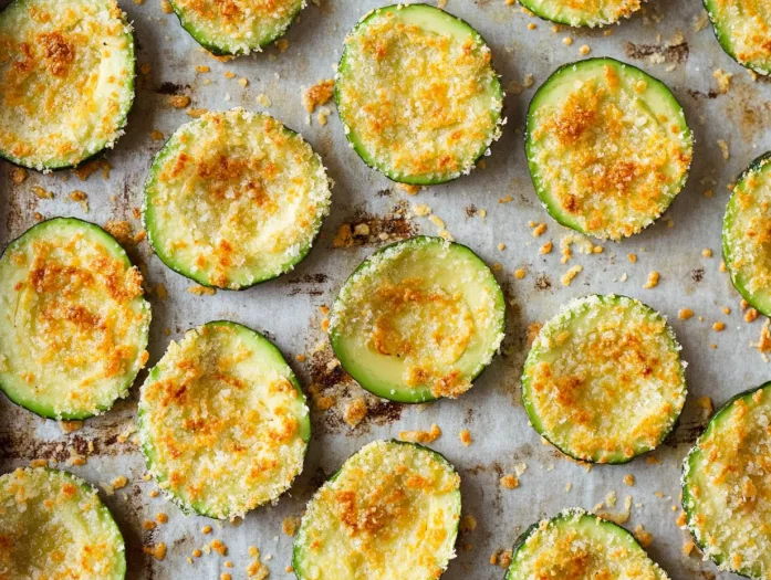 Top-down view of golden, crispy avocado parmesan chips cooling on the baking sheets after baking, ready to be served.