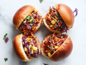 Top-down view of BBQ jackfruit-tofu mixture being spooned onto toasted burger buns, topped with pineapple coleslaw or simple slaw. The sandwich is colorful and hearty, ready to serve with rich barbecue and refreshing slaw.