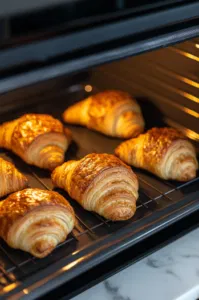 This image shows the assembled croissant sandwiches on a baking sheet, placed in the oven to bake for 10-15 minutes until golden and crisp.