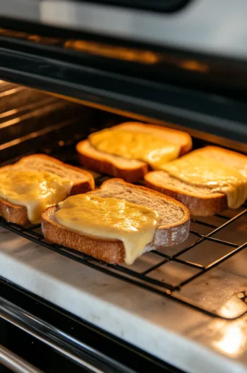 This image shows the assembled grilled cheese sandwiches baking in the oven, turning golden brown and melting the cheese.