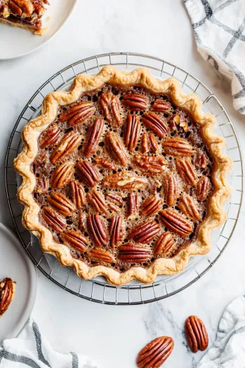 Top-down view of a baked pecan pie cooling on a rack. A golden brown pie with a shiny filling, with a slice cut out and placed on a nearby plate, ready to cool before serving.