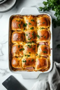 A top-down view of golden brown and bubbly Ham and Cheese Sliders in a 9x9-inch baking dish, garnished with fresh parsley. A serving spatula is beside the dish, ready for serving.