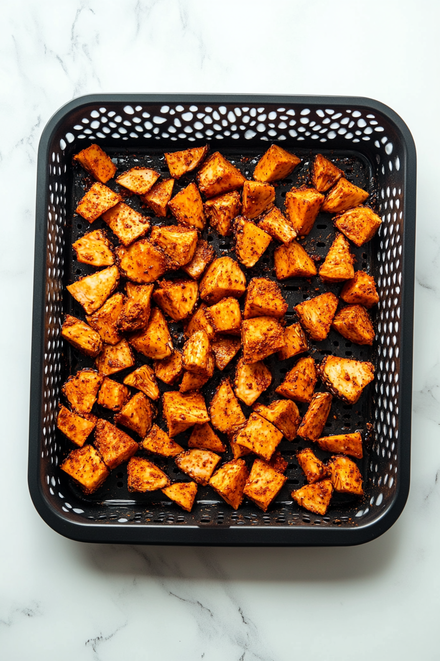 A top-down view of jackfruit pieces spread out on a baking sheet or air fryer basket on a white marble cooktop. The seasoned jackfruit is baking at 400°F or air frying, showing the pieces evenly spaced for even cooking.