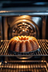 A top-down view of the oven with a bundt pan on the middle rack, baking at 350°F (175°C). The scene shows the cake rising in the oven, with the oven rack and controls visible.