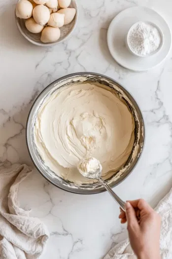 Top-down view of cake batter being poured into a greased and lined 18 cm springform tin. The oven, set to 170°C, is visible in the background as the tin rests on a white marble countertop.