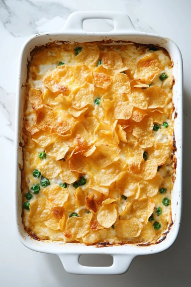 Top-down view of the tuna casserole in the oven, where the potato chips are turning golden brown, and the edges of the casserole are bubbling.