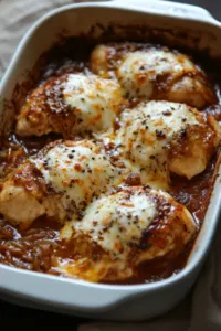 Top-down view of chicken in a casserole dish covered with rich caramelized onion sauce and topped with melted mozzarella cheese. The dish is in the oven, baking until the cheese is bubbly and golden brown on top, ready to serve.