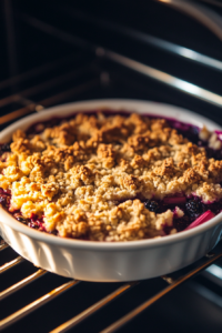 Top-down view of the blackberry rhubarb crumble baking in the oven at 375°F. The topping is golden brown, and the fruit filling is bubbling around the edges. The scene captures the crumble in the final stages of baking with a crisp topping and tender, juicy fruit.