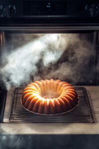 This image shows the flan cake baking in the oven for 35 to 45 minutes, with the layers starting to set and brown.