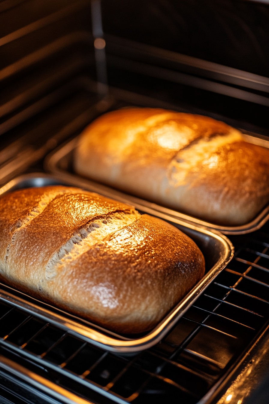 Top-down view of two loaf pans inside the oven at 350°F. The dough is rising and turning golden brown, filling the kitchen with aroma. The focus is on the golden tops of the bread as they bake.