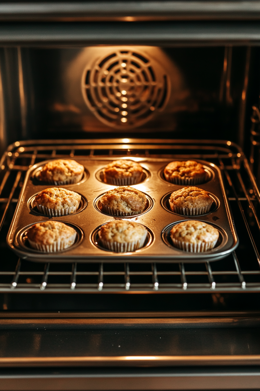 A top-down view of the muffin tin placed in the oven on the middle rack. The muffins are baking at 350°F (175°C) for 14-15 minutes, with the muffins rising and the oven rack and controls visible.