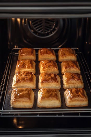 Top-down view of pastries baking in the oven at 400°F. The edges are turning golden and puffing up as they bake for 10 minutes, highlighting the golden, puffed edges of the pastries inside the oven.