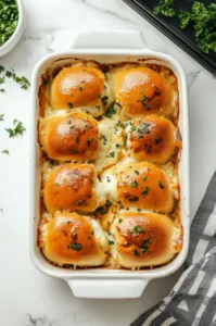 This image shows the assembled sliders in the oven, baking for 20-25 minutes until the cheese is melted and the buns are golden brown.