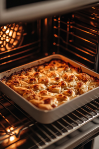 A top-down view of the baking pan in the oven, baking at 350°F for 35-40 minutes. The scene captures the dessert in the oven with the controls and rack visible.