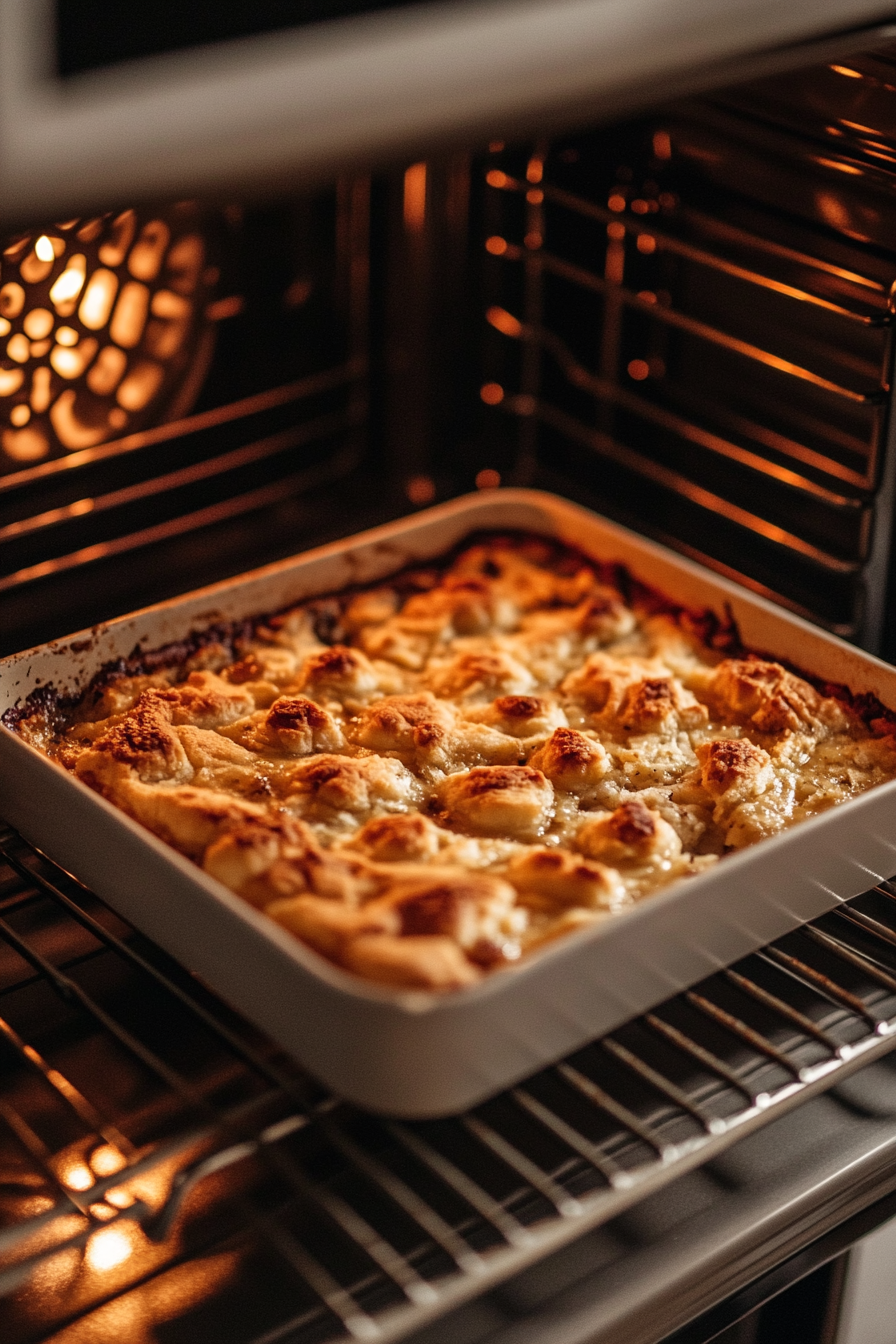 A top-down view of the baking pan in the oven, baking at 350°F for 35-40 minutes. The scene captures the dessert in the oven with the controls and rack visible.