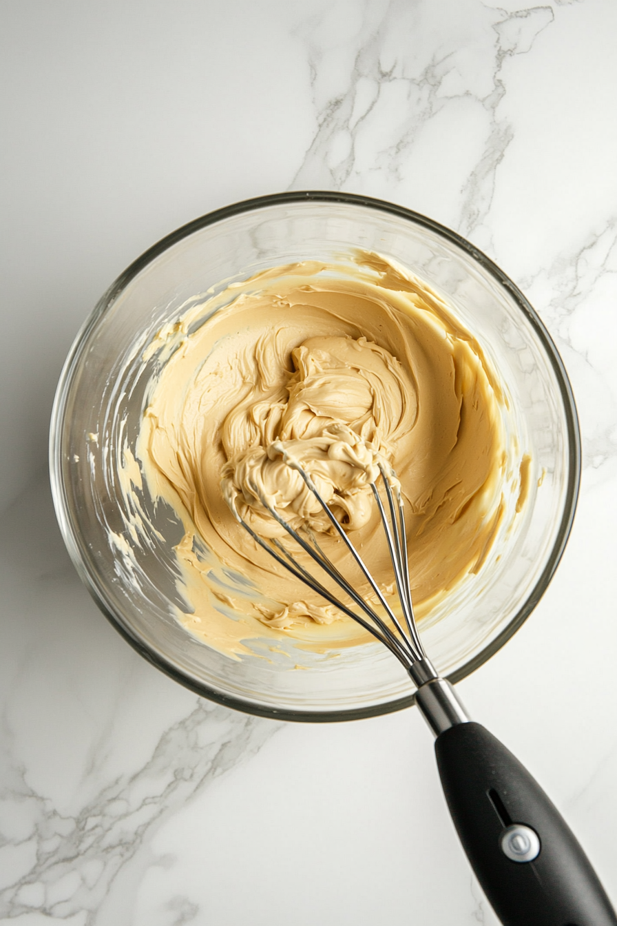 Top-down view of a mixing bowl on a white marble cooktop. Softened cream cheese is being beaten with an electric mixer. Creamy peanut butter and vanilla extract are added, and the mixture is beaten until smooth and creamy.