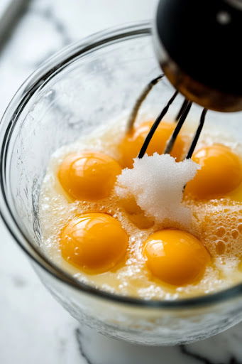 This image shows eggs and egg yolks being beaten with an electric mixer in a large bowl, with sifted flour and baking powder folded in by hand along with milk to create a smooth batter.