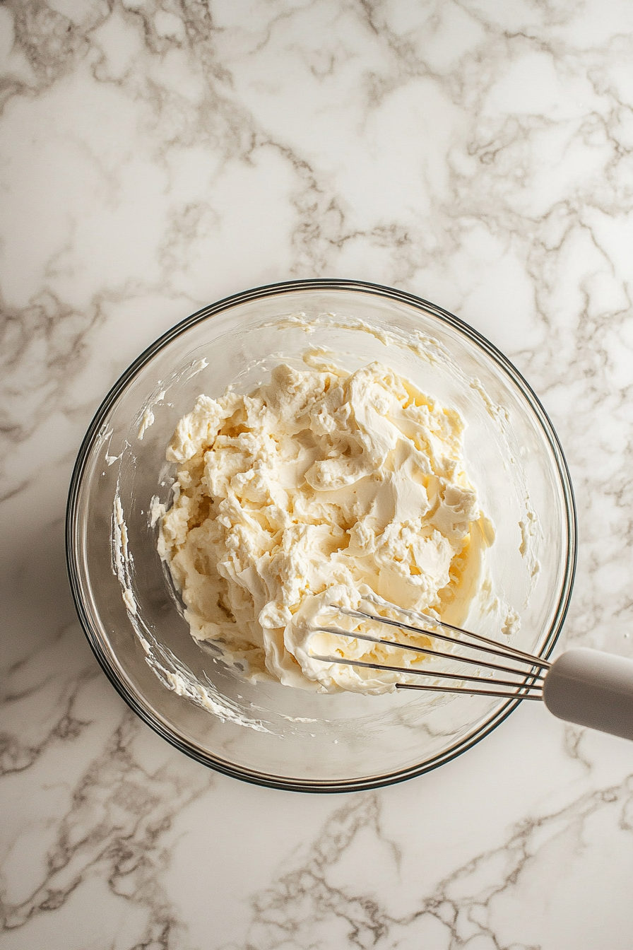 Top-down view of a mixing bowl placed on a white marble cooktop, with softened cream cheese and unsalted butter being blended together using a hand mixer. The mixture is becoming creamy and smooth, highlighting the soft texture as it comes together.