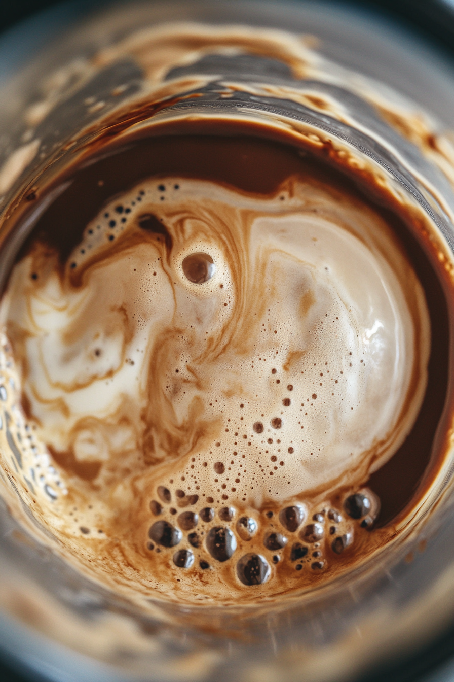 Top-down view of a blender as the ingredients, including Jameson Irish whiskey, cream, sweetened condensed milk, chocolate syrup, vanilla, and instant coffee, are blended on high speed. The mixture is smooth and creamy, swirling together.