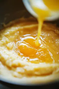 Top-down view of a bowl with eggs, mashed bananas, sugar, and cooking oil being blended until smooth. The mixture has a creamy texture, with vibrant banana pieces and rich yellow egg yolks, creating a smooth and cohesive blend.