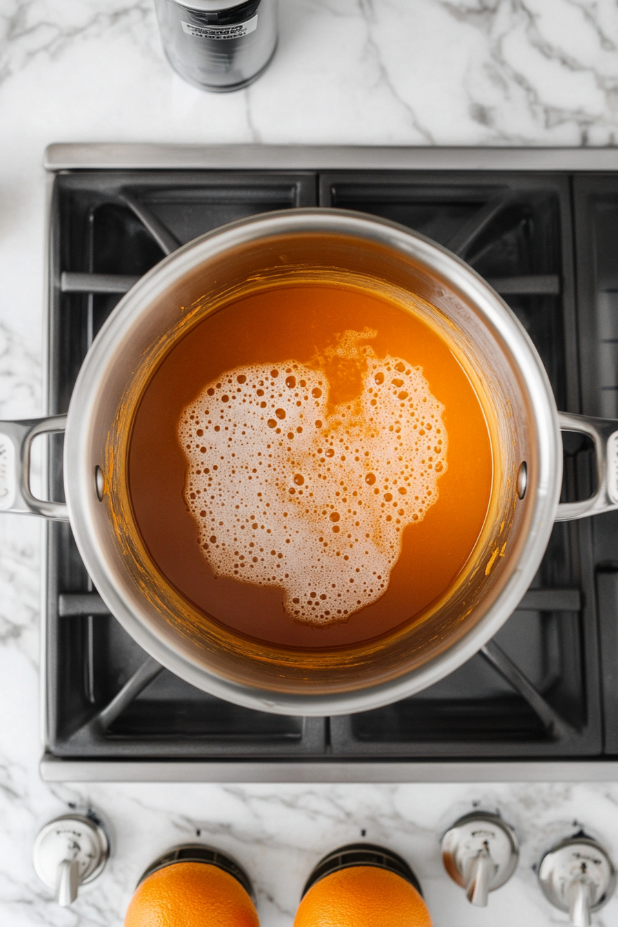 A top-down view of a large pot on a stovetop with a white marble cooktop background. Inside the pot, orange juice, sugar, vanilla extract, and French vanilla liquid coffee creamer are being stirred as the mixture comes to a boil. Steam rises from the pot, focusing on the creamy mixture being well incorporated.