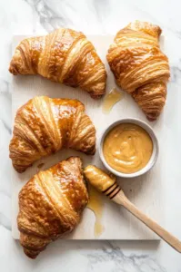 This image shows the honey-mustard spread being generously brushed on the cut sides of the croissants.