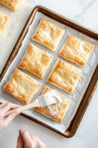 Top-down view of puff pastries on a baking sheet being brushed with frothy egg white along the borders using a pastry brush. The scene captures the light, shiny coating that will create a golden finish when baked.