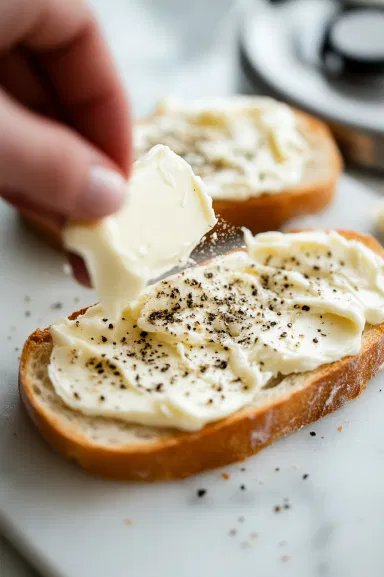 This image shows slices of bread being spread with butter on one side, then evenly sprinkled with garlic powder, Italian herbs, salt, and pepper.