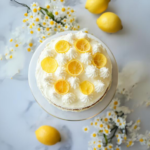 Top-down view of the finished lemon cake decorated with candied lemon peel on top of the icing, ready to serve on a cake stand.