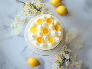 Top-down view of the finished lemon cake decorated with candied lemon peel on top of the icing, ready to serve on a cake stand.